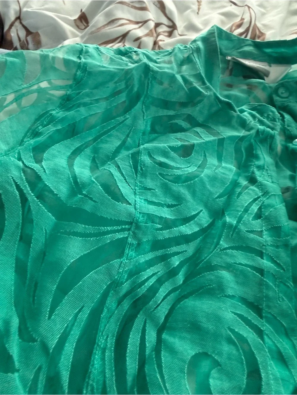 Alfred Dunner Sheer Teal Swirl Button-Up Blouse